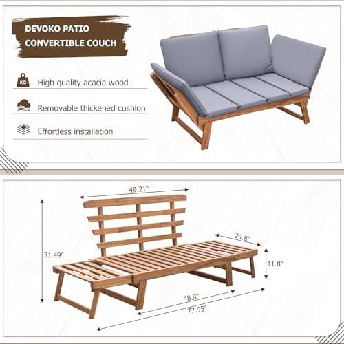 Devoko Outdoor Couch Acacia Wood Patio Couch with Adjustable Armrests, Outdoor Convertible Sofa with Removable Cushions & Pillows for Patio, Porch, Poolside(Grey)