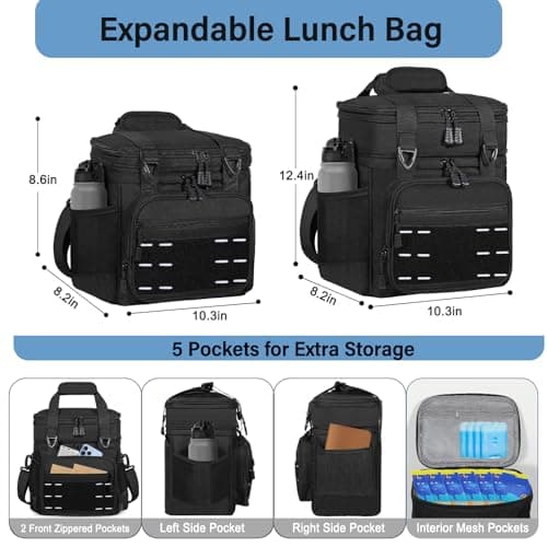 Lunch Box Cooler Bag - Tactical Insulated Lunchbox for Men - Large Soft Expandable Lunch Pail for Adults Work Outdoor Shifts Trips Black 16L