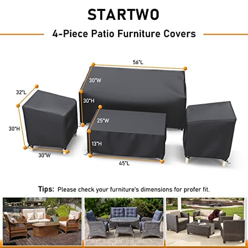 STARTWO Outdoor Patio Furniture Cover Waterproof 4-Piece Set for Chairs 32in, Loveseat 56in, Coffee Table 45in, Heavy Duty 500D, Black