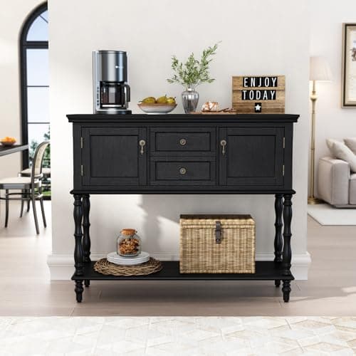 ARTPOWER Console Table with 2 Drawers, Retro Entryway Table with 2 Door Cabinets and Open Storage Shelf, Narrow Long Behind Couch Sofa Table for Living Room, Foyer, Hallway, Black