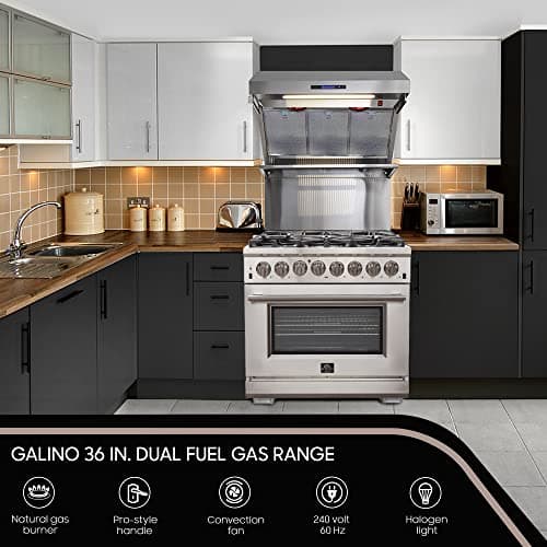 FORNO Galiano Dual Fuel 36" Inch. Freestanding Range 6 Sealed Brass Burners Cooktop - 5.36 Cu. Ft. Convection Electric Oven - Stainless Steel Stove Range Heavy Duty Cast Iron Grates