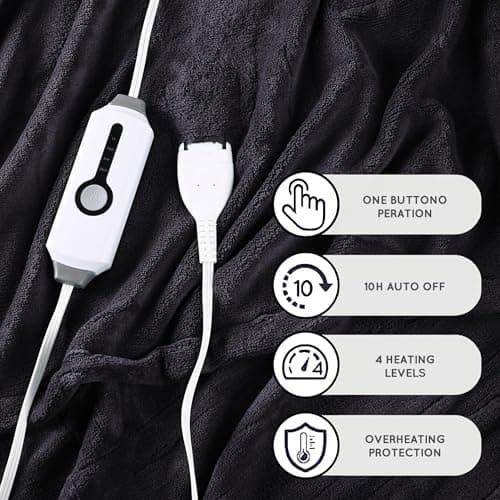 DUODUO Heated Electric Blanket 72"x84" Full Size Warm Coral Fleece with 4 Heat Settings & 10 Hours Auto Shut Off Overheating Protectsion - Black