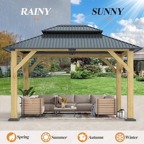 10' x 12' Outdoor Wooden Gazebo - Patio Hardtop Gazebo Permanent Wooden Pavilion with Galvanized Steel Double Roof, Wood Gazebos for Garden, Lawn, Poolside, Backyard Deck