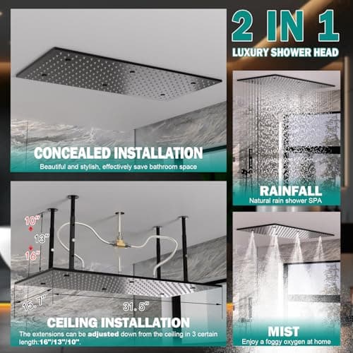 HOMEDEC Luxury Matte Black Shower System, Multi Functions 15.7x31.5inch Mist Rain Shower Head System with Full Body Sprays Jets, Rainfall Ceiling Thermostatic Shower Faucet Set