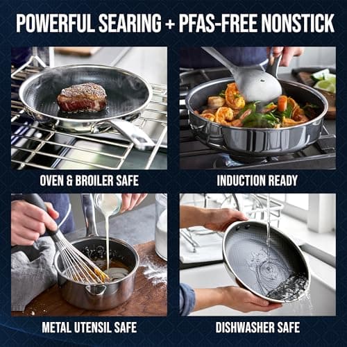 Blue Diamond Hybrid Nonstick Stainless Steel 12 Piece Cookware Set, Tri-Ply PFAS-Free Ceramic Diamond Bond Pots & Pans, Dishwasher & Oven Safe to 850F, Induction Ready, Metal Utensil Safe, Silver
