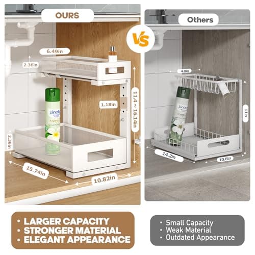 2-Pack Under Sink Storage Organizer, Large 2-Tier Elegant Mesh Pull Out Shelf for Kitchen and Bathroom Cabinet Organization, L-Shaped and Adjustable Height Design for Maximum Space Efficiency-White