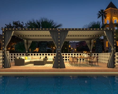 MELLCOM Louvered Pergola 12x24, Aluminum With Adjustable Roof, Outdoor With Waterproof Curtains and Nets, Dark Grey