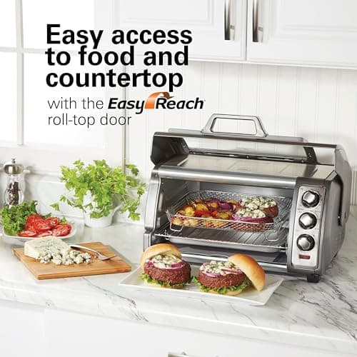 Hamilton Beach Air Fryer Toaster Oven Combo with Large Capacity, Fits 6 Slices or 12” Pizza, 4 Cooking Functions for Convection, Bake, Broil, Roll-Top Door, Easy Reach Sure-Crisp, Stainless Steel