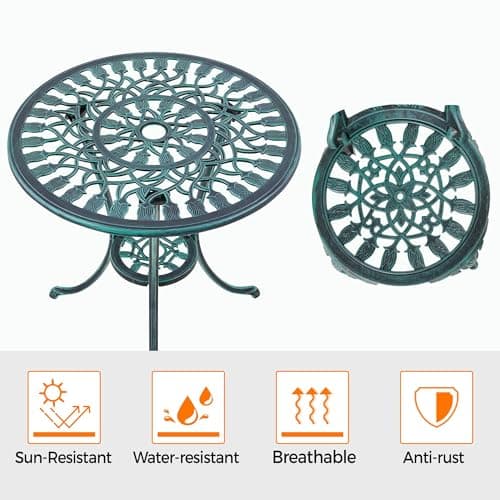 Yaheetech Patio Bistro Sets 3 Piece Cast Aluminum Bistro Table and Chairs Set, Cast Aluminum Bistro Table and Chairs Set of 2 with Umbrella Hole for Patio Backyard Balcony, Green