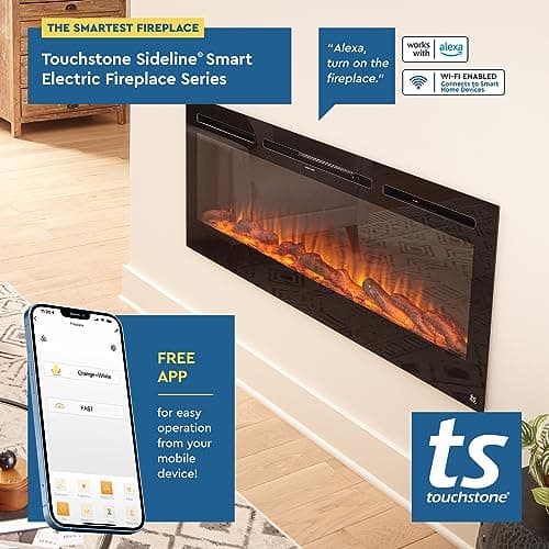Touchstone Smart Electric Fireplace-The Forte 40" Recessed Mounted-30 Realistic Ember Color/Flame Options-1,500W Heater w/Thermostat-Black-Log & Crystal Hearth Options-Alexa/WiFi Enabled