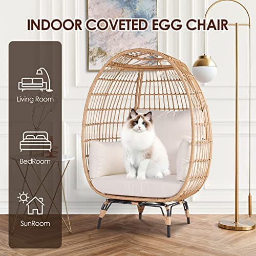 Oversized Wicker Egg Chair Set of 2, Outdoor Indoor Lounger with 4 Cushions, 440lb Capacity, Egg Basket Chair for Living Room, Backyard, Balcony, Patio, Beige
