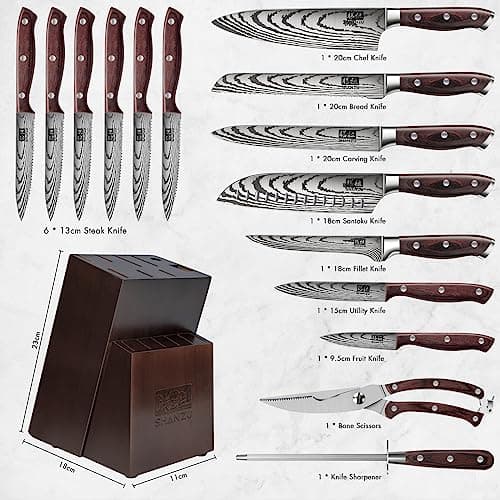 SHAN ZU Knife Set 16 pcs, Japanese Kitchen Knife with Block High Carbon Stainless Steel Ultra Sharp Knife for Kitchen, Professional Chef Knife Set with Sharpener