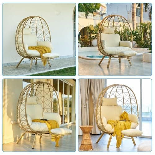 Wicker Egg Chair with Footrest & Cushions - Oversized 450lb Capacity Boho Wicker Egg Chair with Ottoman for Indoor/Outdoor - Beige Rattan Lounge Seat for Patio, Balcony, Garden, Home