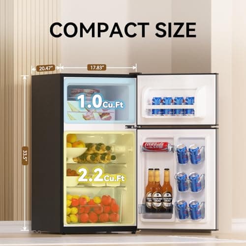 Frestec Mini Fridge with Freezer 3.2 Cu.Ft. 2 Door Refrigerator and Freezer Small Fridge for Bedroom Home Office Dorm, Small Drink Chiller, 37 dB Low Noise, Stainless Steel