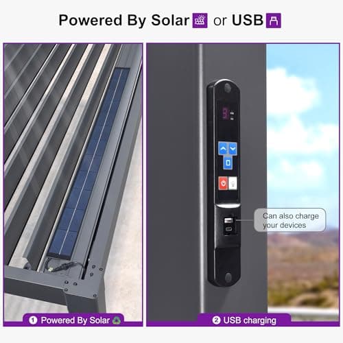 PURPLE LEAF Solar Louvered Pergola 92KS 10' x 12' with LED String Lights and Control Panel Aluminum Outdoor Pergola with Adjustable Roof for Patio Deck Garden Yard Gray