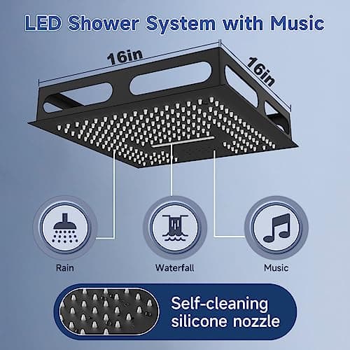Smart Shower System with Body Jets, Black Shower Head and Handle Set,16" Ceiling Mount Rainfall Waterfall Shower Jets System with Tub Spout,Thermostatic Shower System Bathroom with Music and Led Light