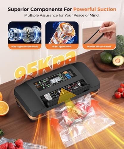 95kpa Vacuum Sealer Machine,Commercial Full Automatic Food Sealer,10-in-1 Sealing System with Double Heat Seal,Bags Storage, Easy-Lock Handle,Build-in Cutter,1 Bag Rolls and 10 pcs Pre-cut Bags