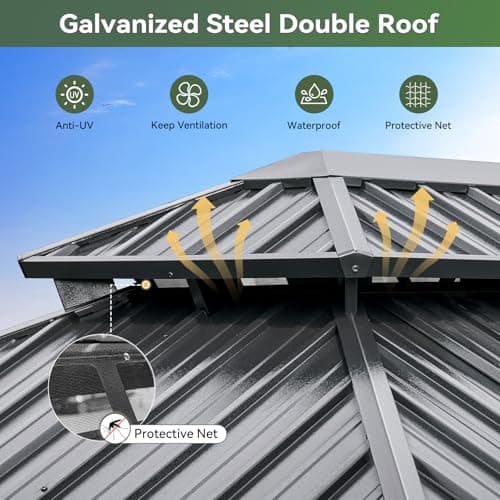 Aoxun Hardtop Gazebo 10x12, Aluminum Frame Canopy with Double Galvanized Steel Roof, Outdoor Gazebo with Breathable Netting and Privacy Curtain for Backyard