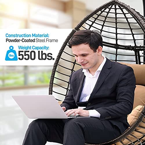 SereneLife Hanging Wicker Egg Swing Chair with Cushions & Stand – Brown Rattan Outdoor/Indoor Chair with 66 lb Capacity, Powder-Coated Steel Frame, Washable Weather-Resistant Cushions