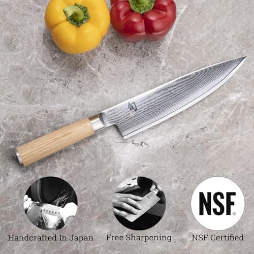 Shun Classic Blonde 8" Chef's Knife, Handcrafted Japanese Kitchen Knife for Professional and Home Chefs, VG-MAX Core with Damascus Stainless Steel Cladding, Pakkawood Handle