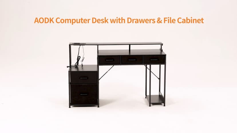 AODK 55 Inch Computer Desk with 3 Drawers and File Cabinet for Storage, Office Desk with Monitor Stand and LED Lights, Home Office Desks, Vintage