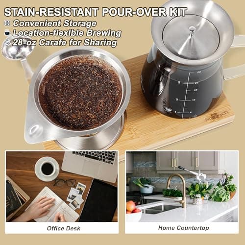 Aquach Pour Over Coffee Maker Set with Extra Large Coffee Dripper, 28 oz Glass Carafe, Stainlesss Steel Coffee Scoop and Bamboo Storage Tray, Unique Set for Home or Office
