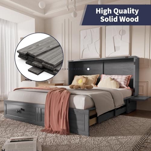 ijuicy Murphy Bed Queen with Foam Mattress, Convenient Murphy Bed Cabinet with Charging Station & Storage Board, Bed That Folds into Cabinet with Large Storage Drawer for Bedroom,Guest Room(Grey)