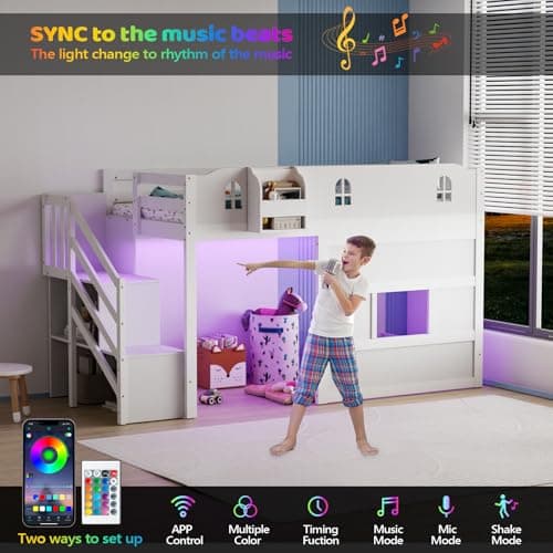 JOYMOR Low Loft Bed with Led Light, Loft Bed Twin Size with Castle Guardrail and Window, Staircase and Book Rack, Smart APP Control,No Box Spring Needed (White with Staircase)