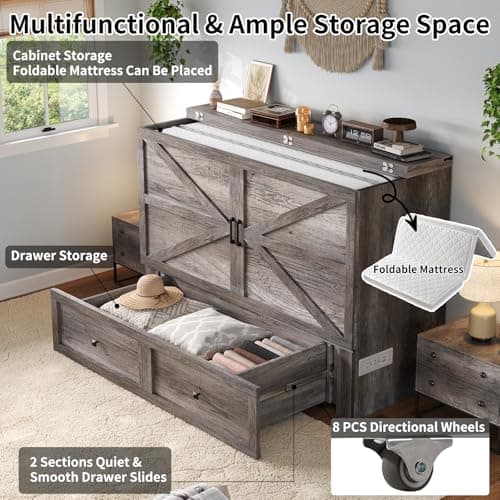 Murphy Bed Queen Size Cabinet Bed with Charging Station, Large Storage Drawer for Home Office or Small Room, Hideaway Bed Full Foldable Platform Bed, Rustic Grey
