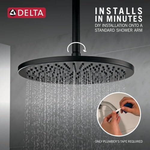 Delta Matte Black Round Rain Shower Head, 12 Inch Metal Large Shower Head Rainfall, Overhead Rain Showerhead, 2.5 GPM Flow Rate, Matte Black 52158-BL25