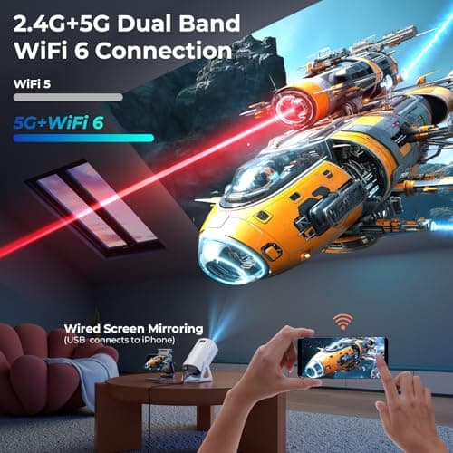 Portable WiFi and Bluetooth Projector - 4K 1080P Supported Android Smart Mini Movie Projector, 270°Adjustable Stand Outdoor Home Star Projector with Ambient Light for Phone TV Stick Laptop