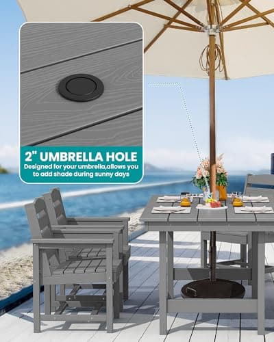 SERWALL Outdoor HDPE Dining Table Set, 7-Piece Outdoor Dining Table Sets with Umbrella Hole Cut-Out Table and 6 Chairs, Gray