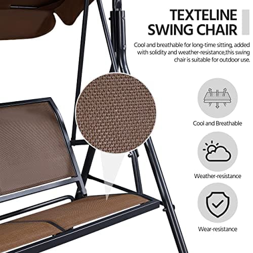 Yaheetech Outdoor Porch Swing Chair for Adults, 3-Seat Patio Hanging Swing w/Adjustable Canopy, Armrests, Porch Swing Sets w/Stand, Breathable Fabric for Backyard/Garden/Balcony, Dark Brown