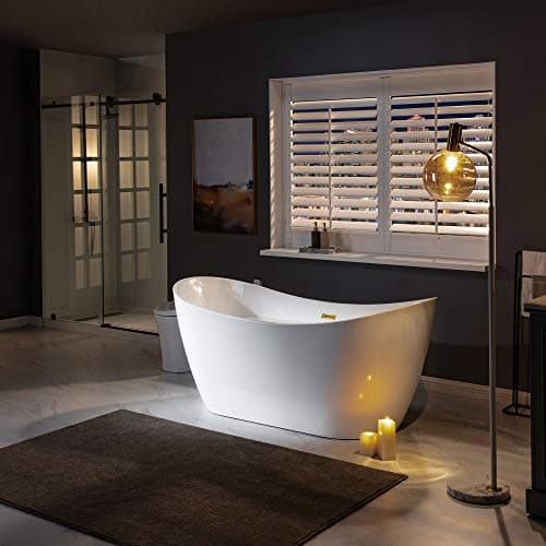 WOODBRIDGE 67" Acrylic Freestanding Bathtub Contemporary Soaking White Tub with Brushed Gold Overflow and Drain，B0010-BG