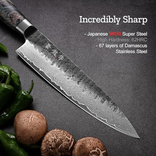 Japanese Chef Knife, 8 Inch Damascus Kitchen Knife with VG10 Steel Core, Professional Black Forged Kitchen Knives with Ergonomic Handle, Leather Sheath & Luxury Gift Box, Birthday Gifts for Men Women