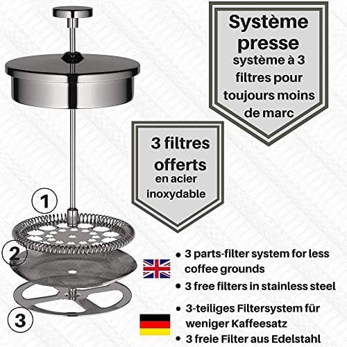 VeoHome - 1 Litre piston coffee maker - Unbreakable and keeps coffee hot for a long time thanks to its double stainless steel shell…