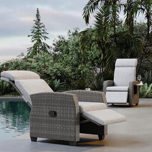 Outdoor Wicker Recliner Chair, Patio Recliner with Independently Adjustable Backrest and Footrest, All-Weather PE Wicker Patio Reclining Lounge Chair with Flip-Up Table Air Pump 155° Lay Flat