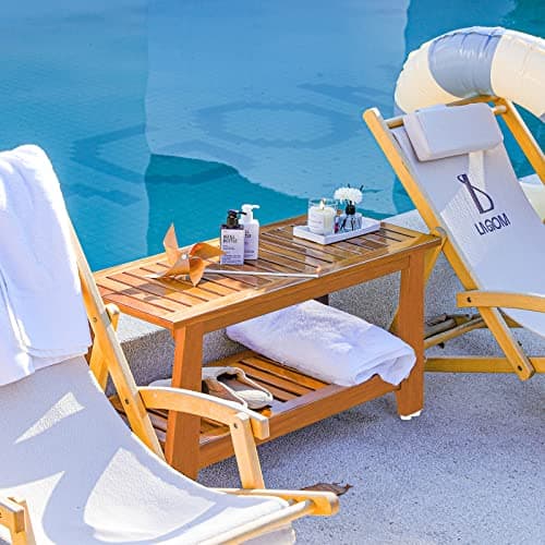 NNN 24" Commercial Teak Shower Bench - 8 Non-Slip Leveling Feet & 350 lbs Capacity | Rock-Solid Stability for Seniors & Spa Safety | Waterproof Design for Saunas/Outdoor Pools (Patented)