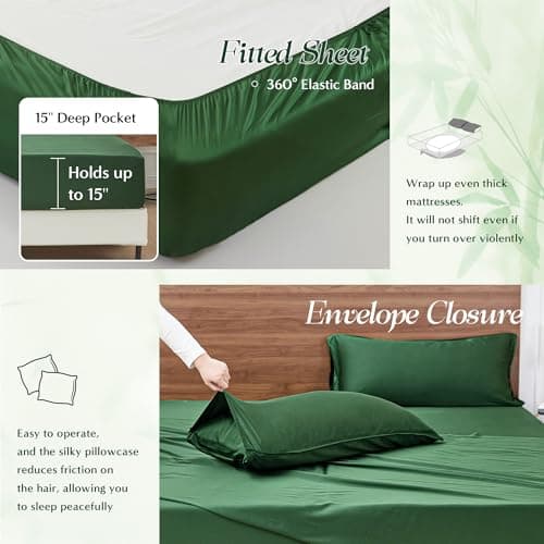 Simple&Opulence 100% Organic Viscose Derived from Bamboo Bed Sheet Set 4 Piece, Breathable Cooling Bedding Set with 15" Deep Pockets, Luxury Ultra Soft for Hot Sleepers (Dark Green,King)