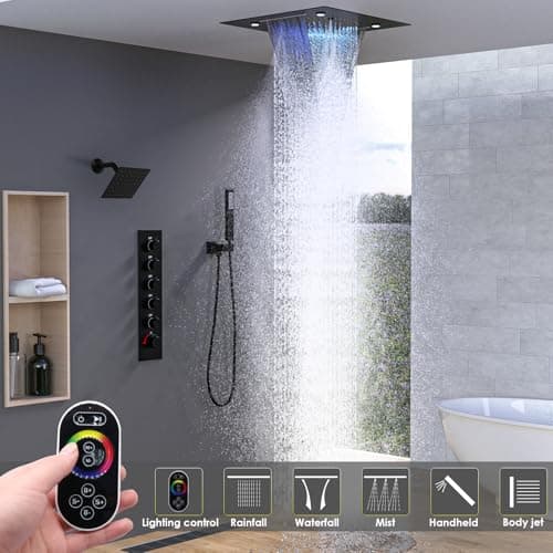 Enga Luxury Dual Shower Head System LED Thermostatic Shower System with 6 inch Wall Shower, 20-Inch 3 Function Shower Head (Rainfall & Mist & Waterfall), Matte Black