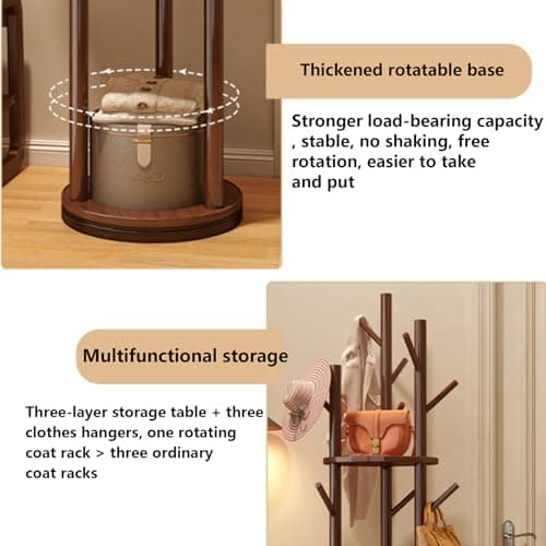 Solid Wood Rotary Coat Rack, Freestanding Coat Rack with 3 Shelves and 9 Hooks, Coat Tree for Bedroom, Entryway, Livingroom, Coat Hanger Stand,Walnut