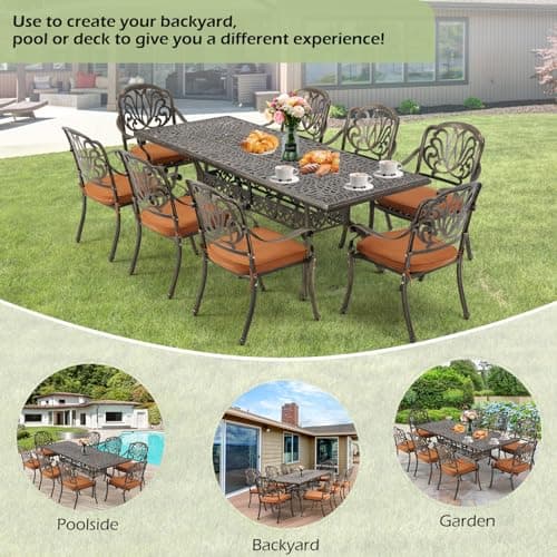 [Hi-End]Cast Aluminum Patio Furniture Set 9-Piece Outdoor Dining Set Includes 86.6’’ Rectangular Patio Table with Umbrella Hole and 8 Cushioned Dining Chairs,Rust-Free for Patio Deck Garden Pool