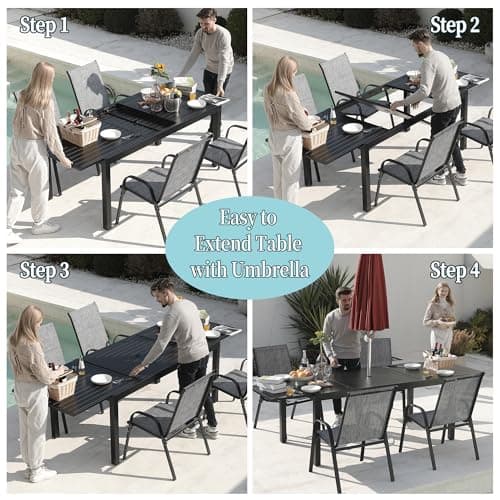 Outdoor Expandable Dining Table 71"-106" Aluminum Patio Dinner Table for 8-10 Person, Rectangular Metal Collapsible Tables with Umbrella Hole, Patio Tables with Extendable Top for Garden, Backyard