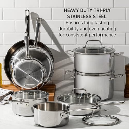 T-Fal Pro Tri-Ply Stainless Steel Cookware Set 13 Piece, Induction Compatible Oven Safe 500F, Lids 350F, Fast & Even Heat, Professional Quality & Durability, Pots and Pans Set, Dishwasher Safe, Silver