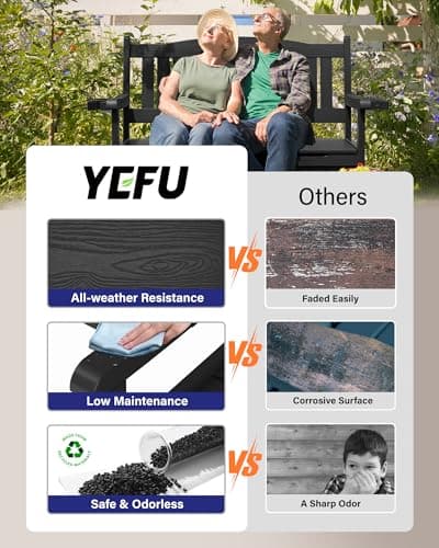 YEFU Outdoor Storage Bench for Patio: Heavy Duty Garden Bench with 96° High Backrest & Oversized Seating - HIPS Weatherproof Patio Bench with Storage for Porch Park Backyard, Black