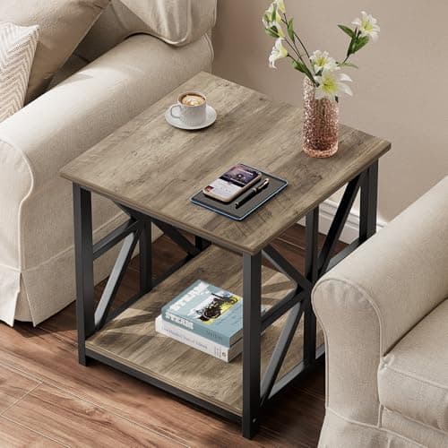 GreenForest End Table with 2-Tier Storage Shelf, 24 inch Large Side Table for Living Room,Modern Nightstand for Bedroom Bedside Office Farmhouse, Grey Wash