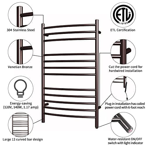 HEATGENE Towel Warmer Venetian Bronze, Electric Hot Towel Rails, Wall-Mounted Large 12 Bars Warming Towel Racks, Plug-in/Hardwired Heated Towel Rails