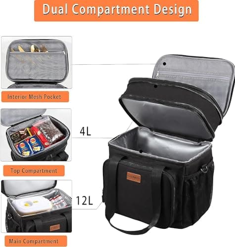 GLENKEY Expandable Insulated Large Lunch Box, Double Deck Heavy Duty Durable Lunch Bag Leakproof Cooler Bags for Men Women Adults Work Shift Flight Beach Daytrip, 20 Can, Black