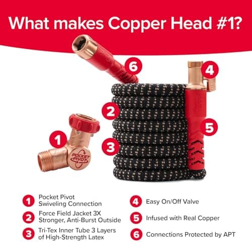 Pocket Hose Copper Head w/New Pocket Pivot Expandable Garden Hose 100FT, AS-SEEN-ON-TV, Swivels 360°, Advanced Tri-Tex Tubing & Force Field Jacket, 3X Stronger, Lead-Free, No-Kink, Anti-Burst w/APT