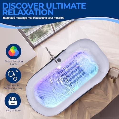 SereneLife Spa Bathtub with Bubble Massage Mat – Inflatable Bathtub with Pillow, Cup Holder, Remote Control for LED Lighting, Backrest and Armrests, Supporting Up To 190 lbs. 66" x 30" x 26"